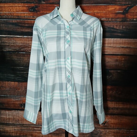 UA Under Armour Top Womens L High Tide Heatgear Active Shirt Plaid Button Front - Picture 2 of 9
